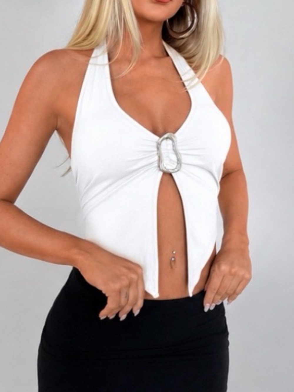 White Halter Crop Top with Decorative Front Ring